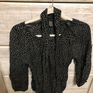 Black and white tie neck blouse